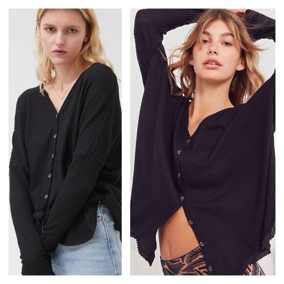 Urban Outfitters Out From Under Black Jojo Thermal Henley Shirt Size Small - Picture 1 of 12